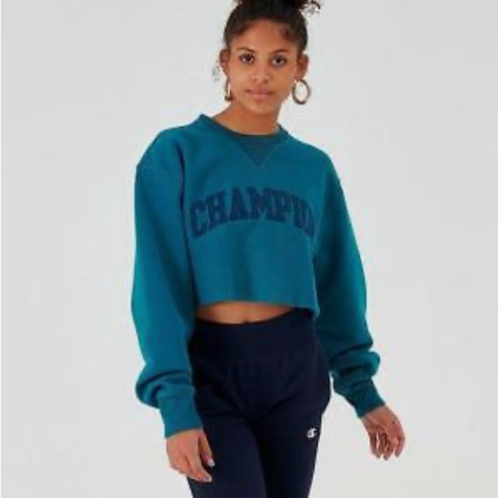 Champion Reverse Weave Cropped Sweatshirt Teal Women Size L - Picture 5 of 5